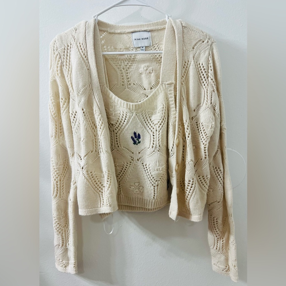 PINK ROSE Cream Openwork Knit Sweater Set - Cropped Tank & Cardigan